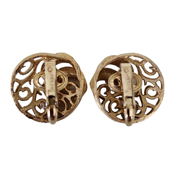 Trifari Crown Over T Gold Tone Round Open Scroll Clip On Earrings, Signed L77 - Picture 6 of 13